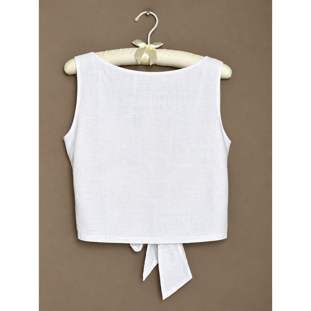 Cider Women White Linen Blend Open Back Tie Hem Sleeveless Crop Top Small